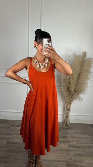 Vestido oversize de alças Midi Tijolo