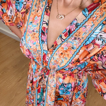 Vestido Indiano Com Manga Estampado Laranja