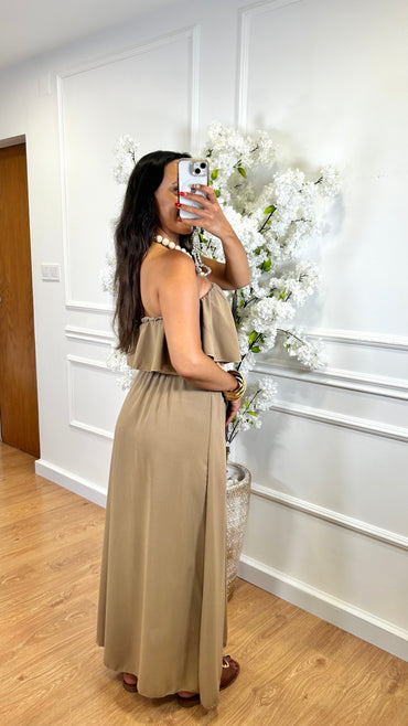 Vestido Com folho em Taupe