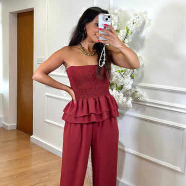 Conjunto top repuxado + Pantalona Tijolo
