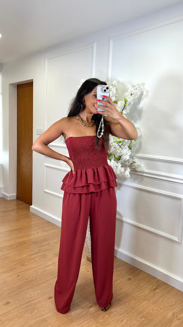 Conjunto top repuxado + Pantalona Tijolo