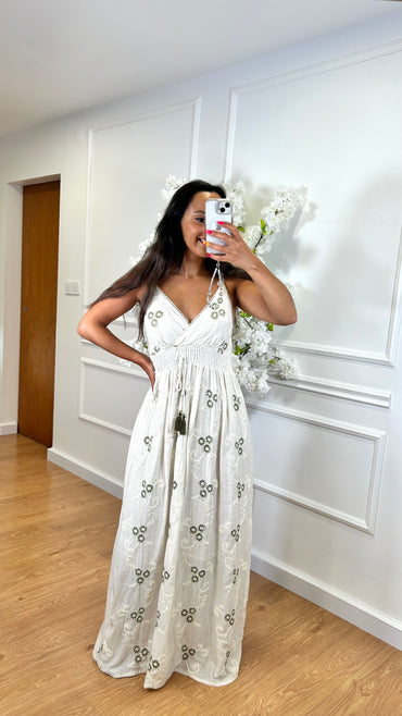 Vestido Indiano de Algodão com flores em Verde Seco