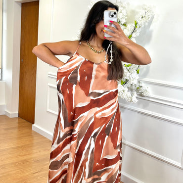 Vestido Acetinado Com Estampado  Tijolo