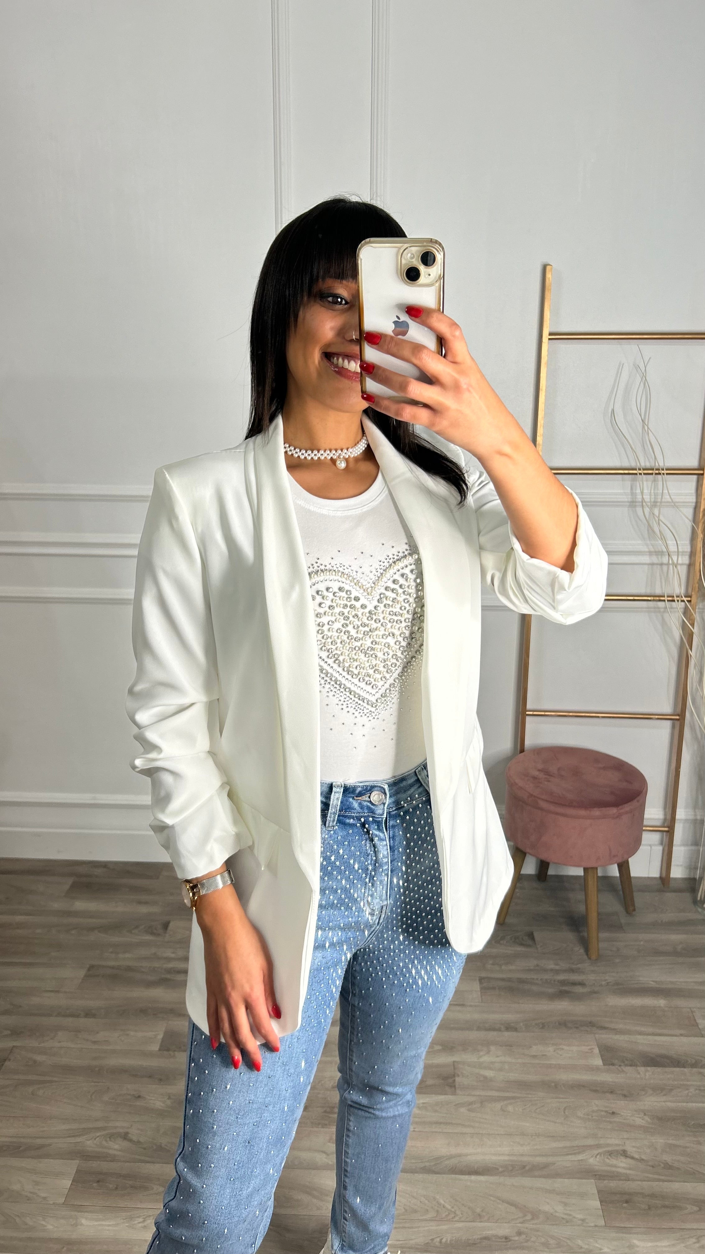 Blazer Manga Repuxada Branco