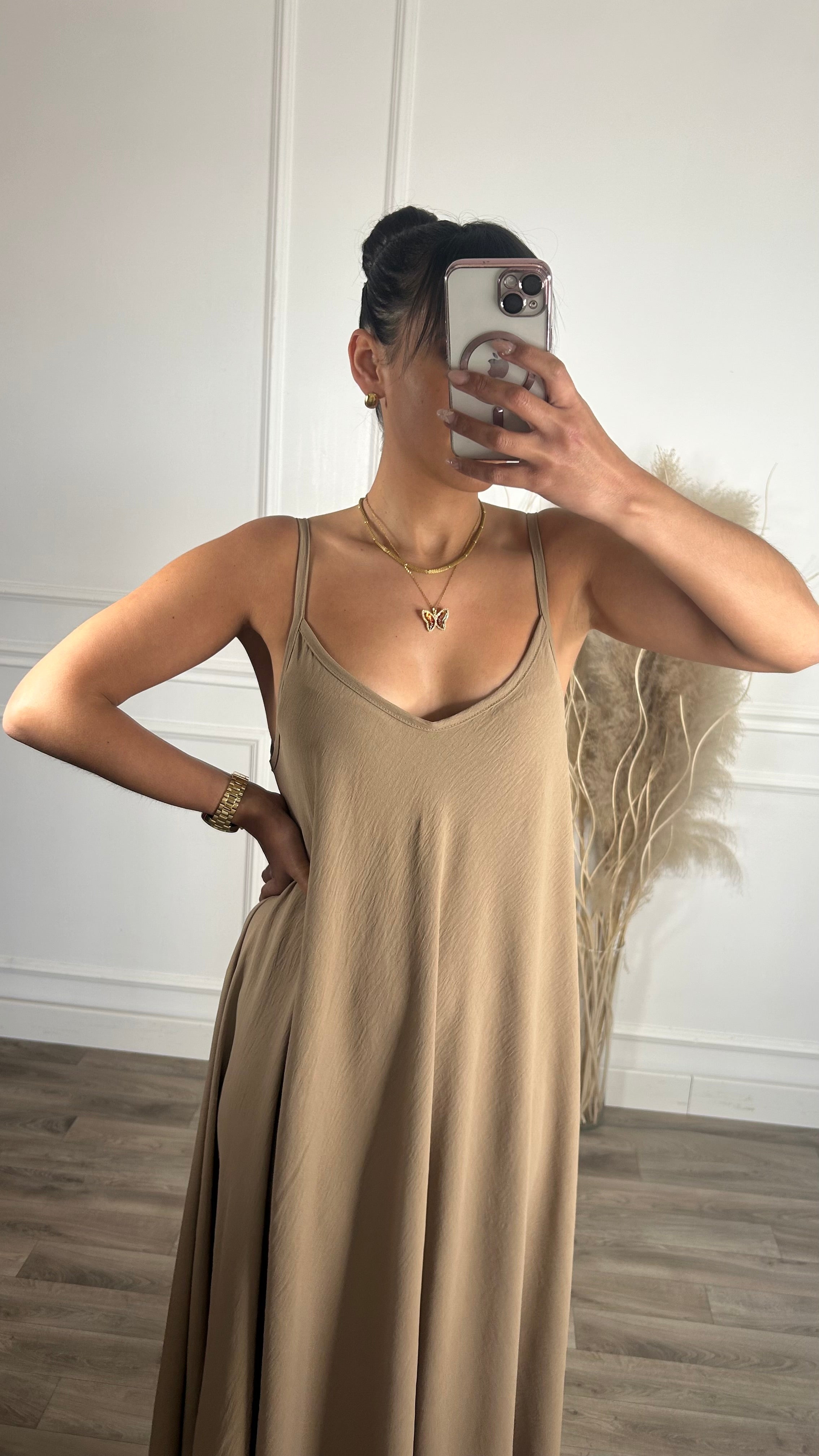 Vestido oversize de alças Taupe