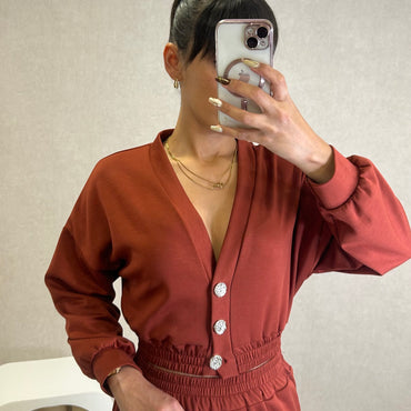 Conjunto Blusa com botões dourados+ Pantalona Tijolo