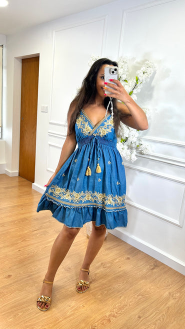 Vestido "Ganga" 100% Algodao com flores camel