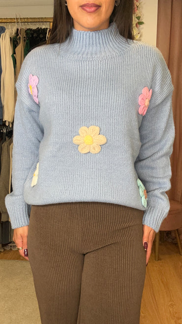 Camisola malha com flores 3D Azul Bebe