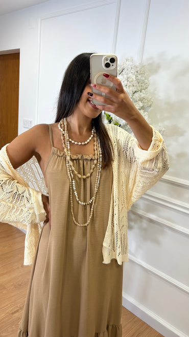 Vestido Com Folho e repuxado Camel