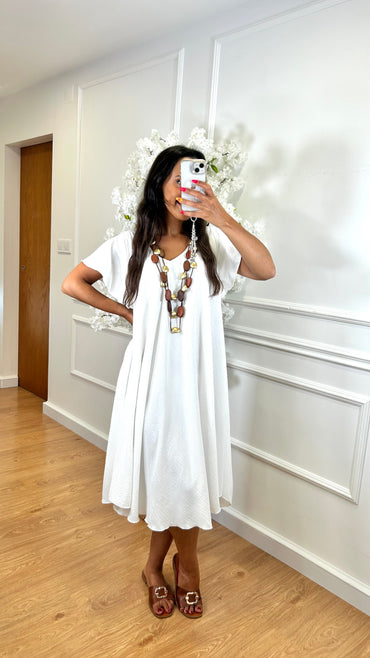 Vestido Midi oversize com folho na manga Branco
