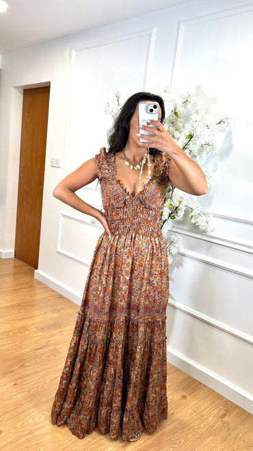 Vestido Indiano Estampado Taupe