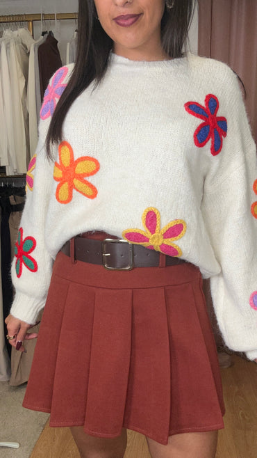 Camisola malha com flores 3.0 Branca