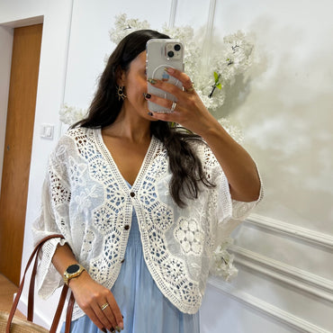 Cardigan em crochet com bordado Branco
