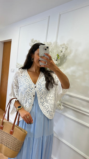 Cardigan em crochet com bordado Branco