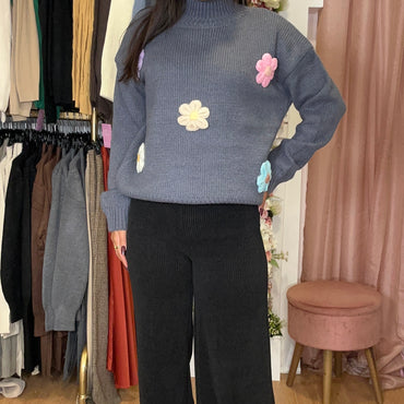 Camisola malha com flores 3D Cinza