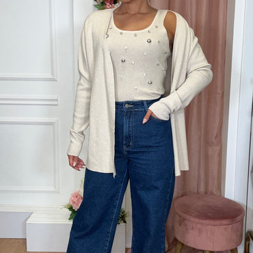 Conjunto Top com brilhos + Casaco Bege