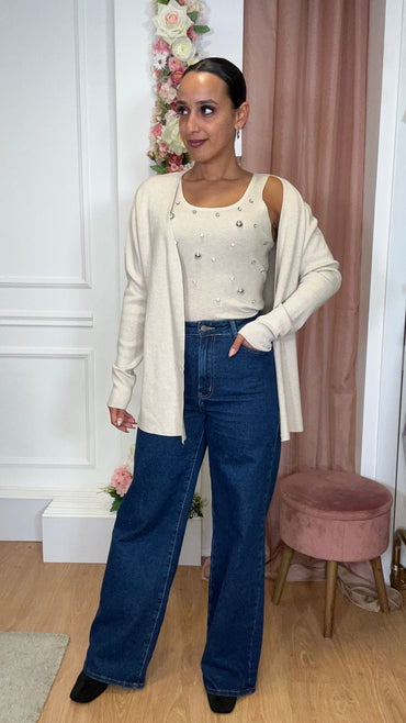 Conjunto Top com brilhos + Casaco Bege