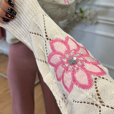 Cardigan com Flores em Rosa