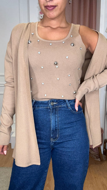Conjunto Top com brilhos + Casaco Camel