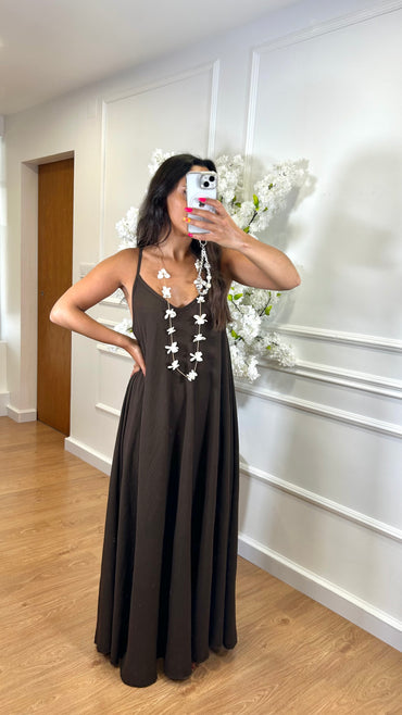 Vestido oversize de alças Castanho