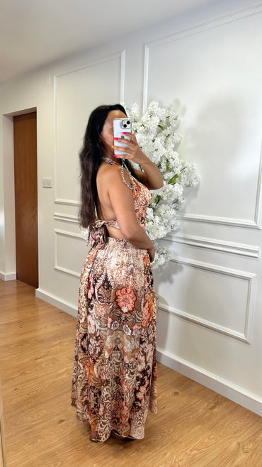 Conjunto Top + Saia com estampado em Laranja