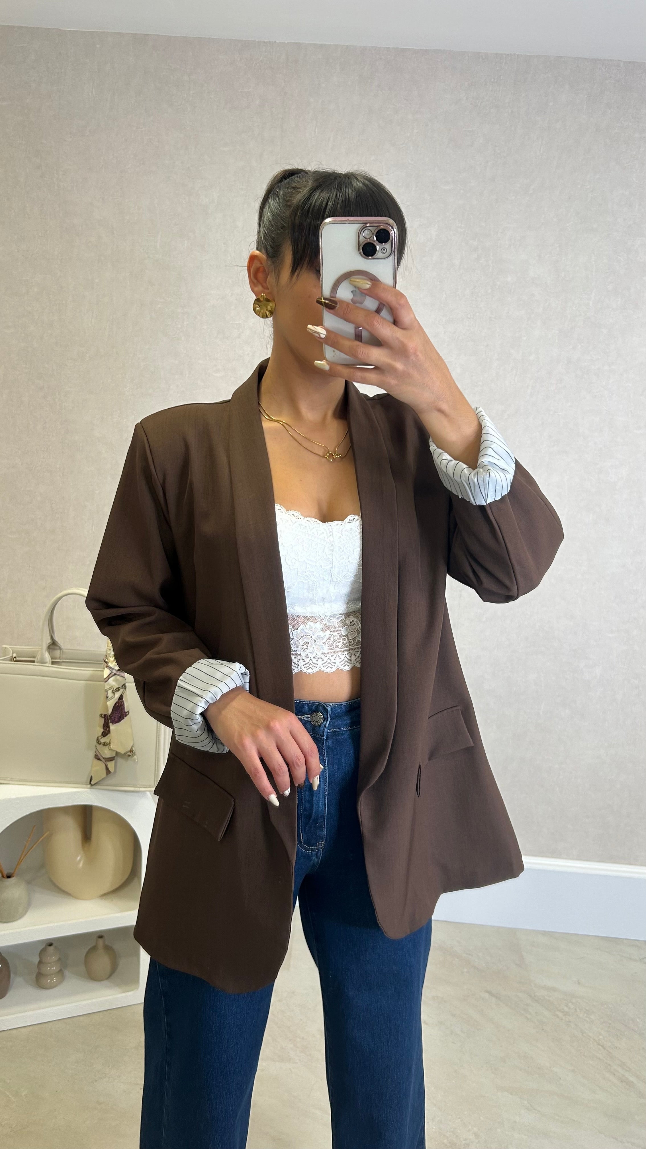 Blazer com Forro Listrado Castanho