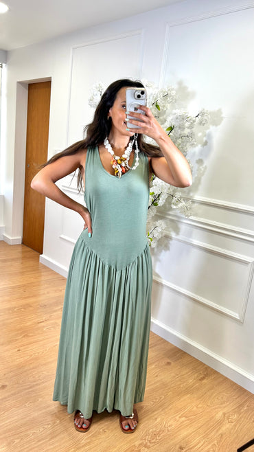 Vestido Cintura Cinderela Verde Seco
