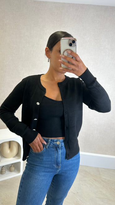 Conjunto Cardigan com perolas+ Top Preto