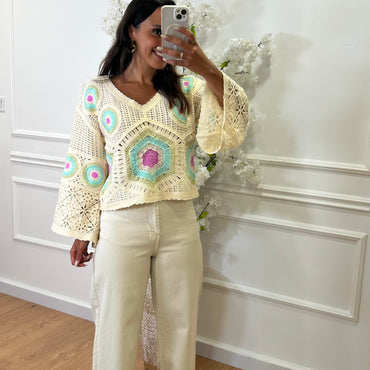 Camisola Croché Padrao em Lilas e turquesa