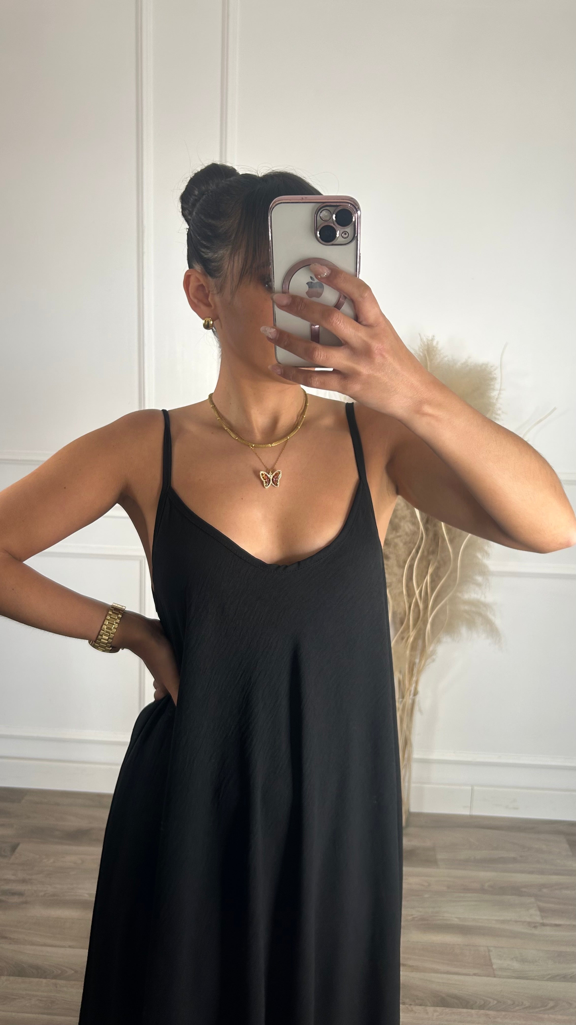 Vestido oversize de alças Preto
