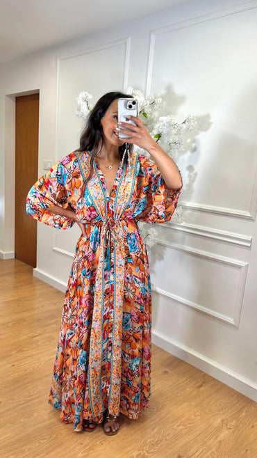 Vestido Indiano Com Manga Estampado Laranja