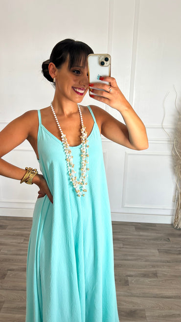 Vestido oversize de alças turquesa