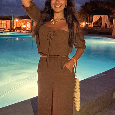 Conjunto top repuxado + Pantalona Castanho