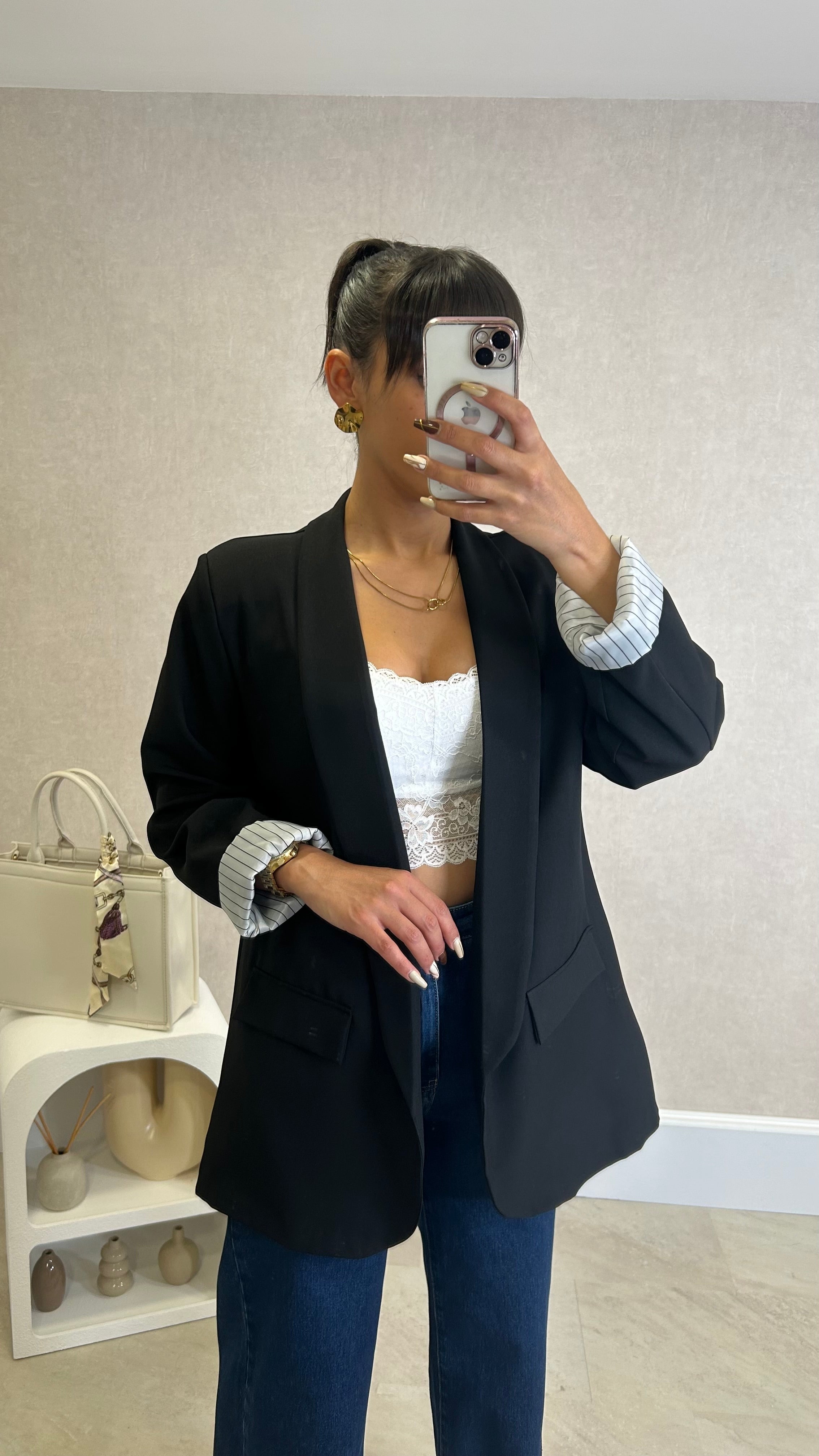 Blazer com Forro Listrado Preto