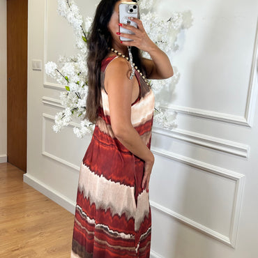 Vestido Malha Fria comprido estampado Tijolo
