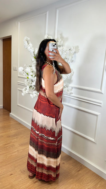 Vestido Malha Fria comprido estampado Tijolo
