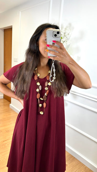 Vestido Midi oversize com folho na manga Bordo