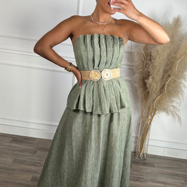 Conjunto saia + top repuxado verde seco