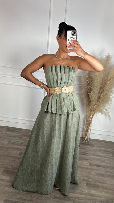 Conjunto saia + top repuxado verde seco