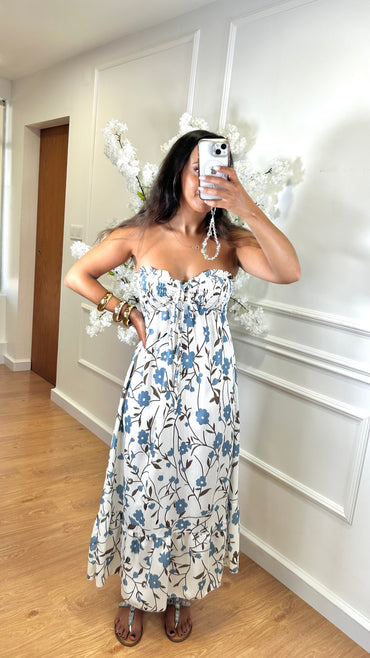 Vestido Cai-Cai com flores Azul Indigo