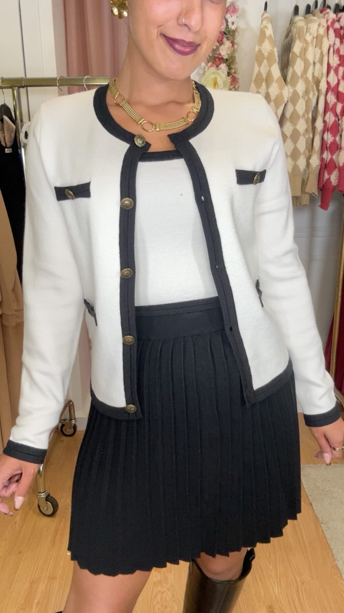Conjunto Cardigan + Top 2 cores Branco com Preto