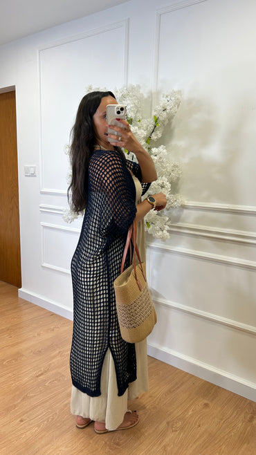 Kimono Comprido Crochet Azul Marinho