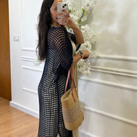 Kimono Comprido Crochet Azul Marinho