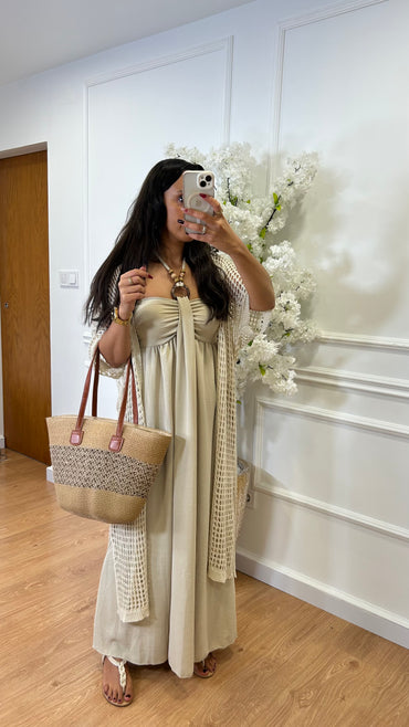 Kimono Comprido Crochet Bege