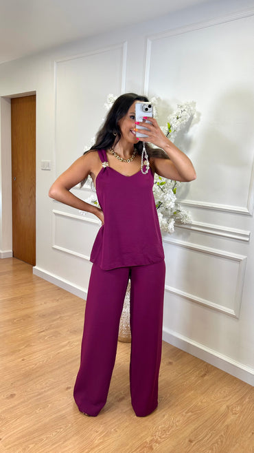 Conjunto blusa detalhes dourados + Pantalona em Berinjela