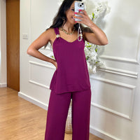 Conjunto blusa detalhes dourados + Pantalona em Berinjela