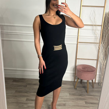 Vestido de Malha Preto Com Alças E Cinto Dourado