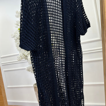 Kimono Comprido Crochet Azul Marinho