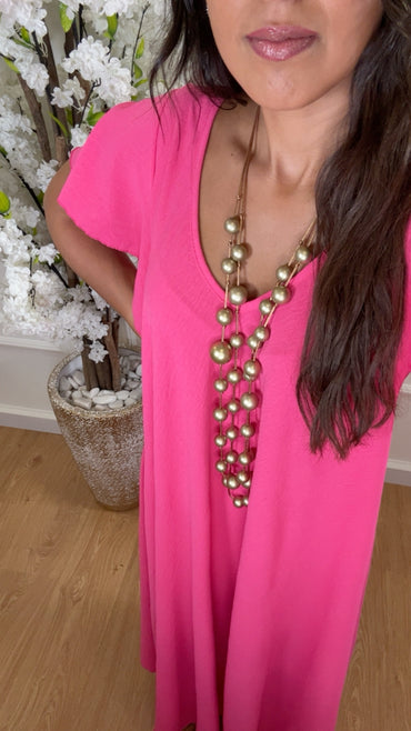 Vestido oversize com folho na manga em Rosa