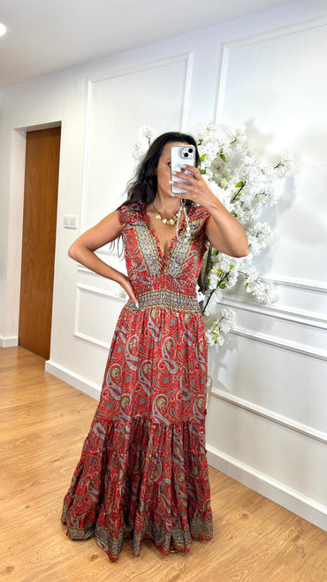 Vestido Indiano Estampado Vermelho